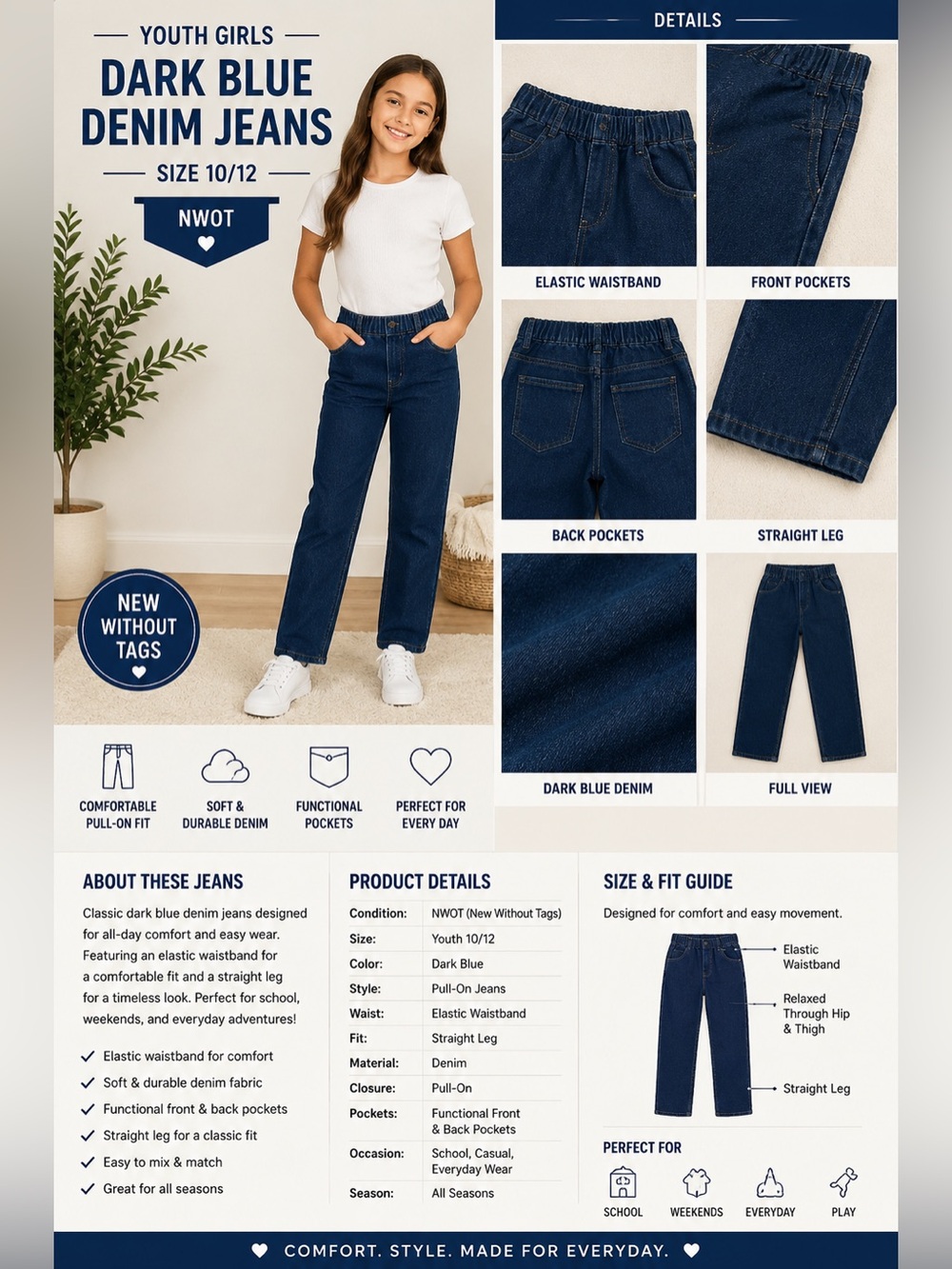 Youth Girls Dark Blue Denim Jeans Youth 10/12